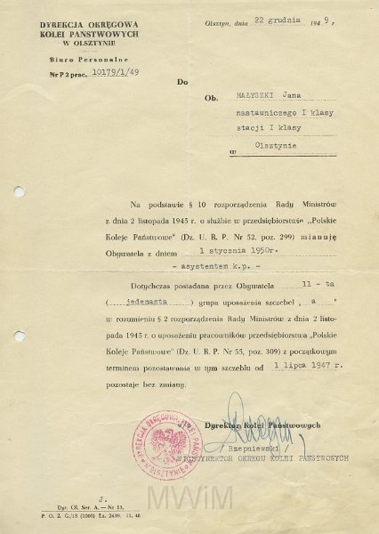 KKE 5647.jpg - Dok. Pismo z Dyrekcji Okręgowej Kolei Państwowych w Olsztynie do Jana Małyszko dotyczące awansu zawodowego, Olsztyn, 22 XII 1949 r.
